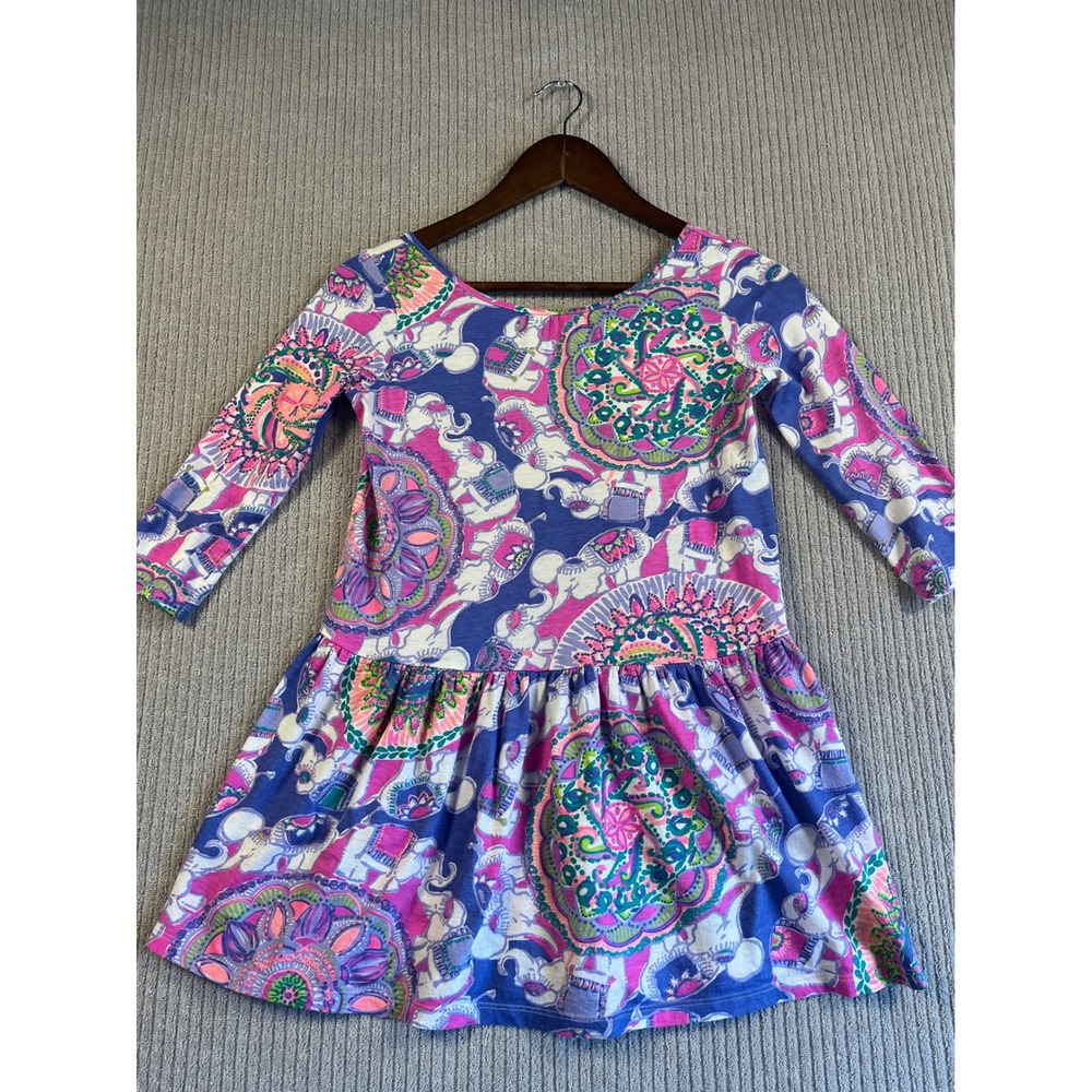 Lilly Pulitzer Dress Girls 8-10 Blue Pink Elephant Mandala Drop Waist Cotton